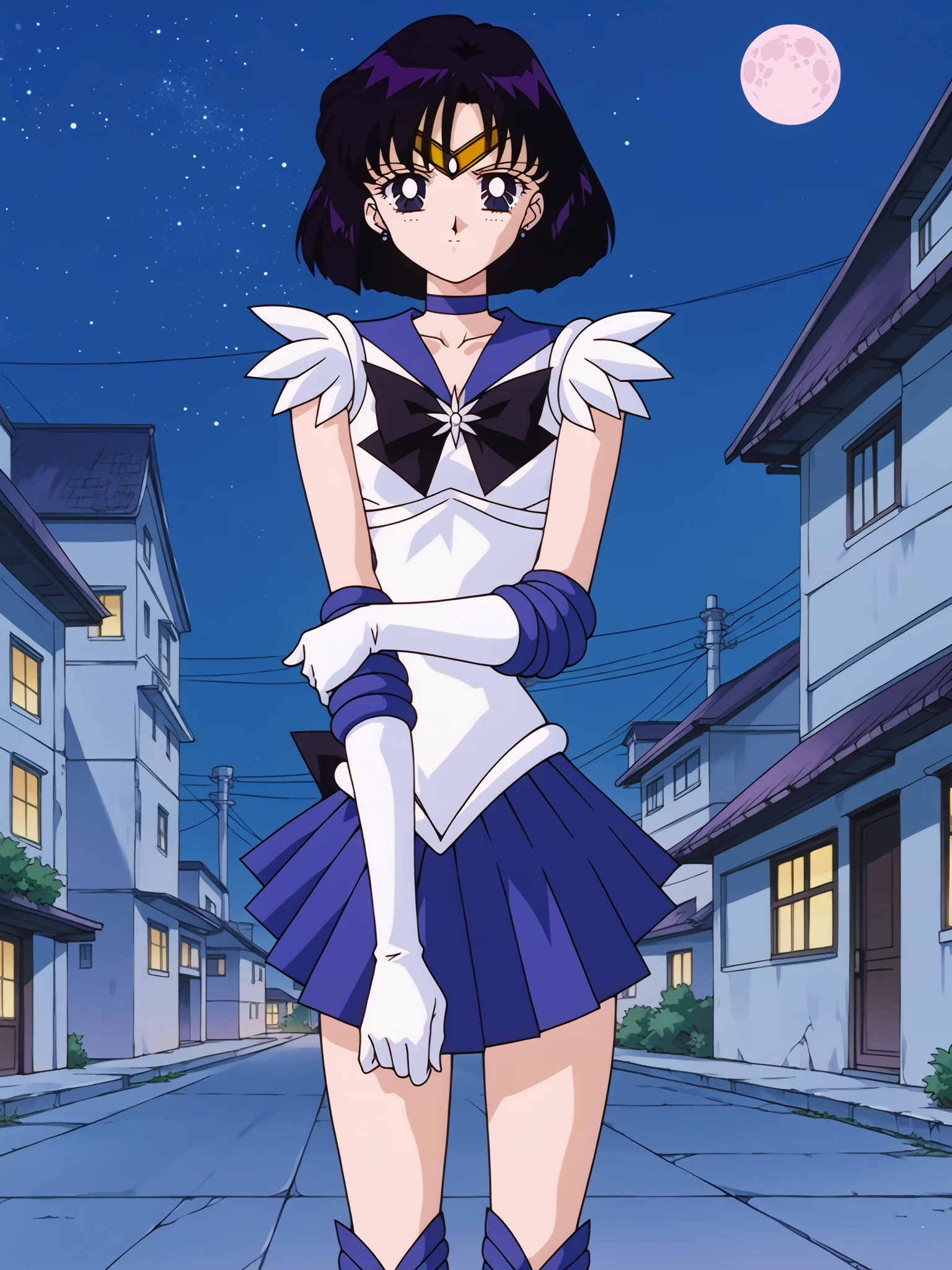 masterpiece, best quality, very aesthetic, Sailor Saturn XL, 1990s \(style\), anime artwork, anime style, perfect composition, moist skin, intricate details, perfect face, beautiful detailed eyes, BREAK 1girl, solo, , short hair, black hair, purple eyes, flat chest, skinny, sailor senshi uniform, purple sailor collar, tiara, earrings, jewelry, star choker, bowtie, back bow, star brooch, white elbow gloves, purple miniskirt, shiny clothes, BREAK looking away, smile, blush, open mouth, cameltoe, pose, white leotard, (pantyshot:1.2), wind lift, outdoors, city, blue sky, wind, dutch angle,