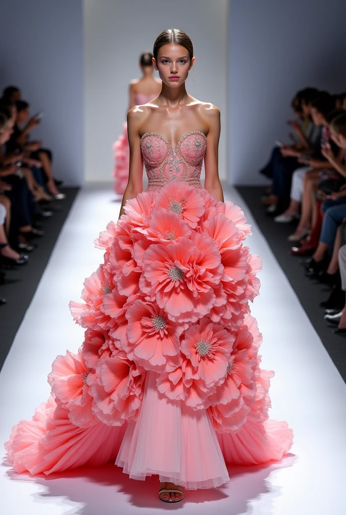 happy summer fashion design by vera wang with colourful flowers in soft pastel pink colours and floral, wore by japanese female model, seen walking on catwalk, her hand on hip, black void background, soft silver particles, smokes and nice lighting, UHD, HDR, 8k, Masterpiece, realistic, hyper realistic. catwalk, facing straight to camera. hand on hip, full body