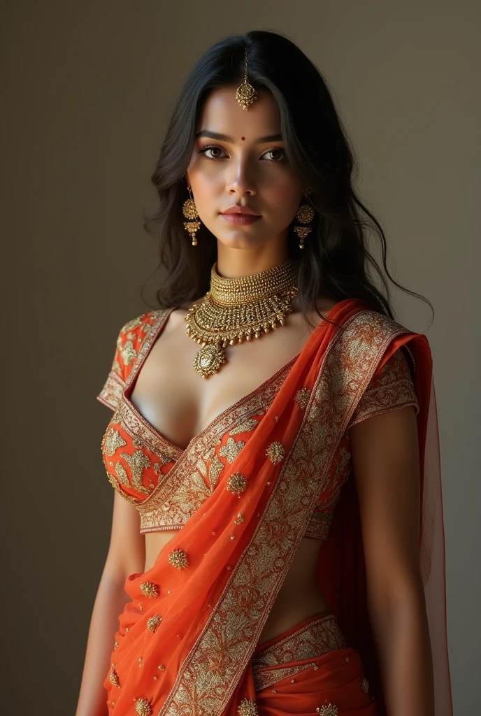 Hottest sexiest shy girl 18 years old realistic, ,very fair, ultra beautiful, lusty, , seductress, enchantress, wearing hottest first night , sensual, wearing exquisite heavy jewelry,  pointed , wearing traditional indian wedding  saree,standing, show full body fully shown waist 