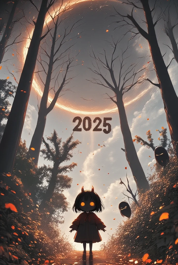 (text written "2025" with bloody font), low-angle, 1 devil\(cute,jet-black skin, crooked large horn, big glowing eyes, evil grin, long nail, orange eyes, detailed pupils, yellow sclera, flying, wear capelet\(big,long,Tattered\), backlit, full body,shadowly,floating in the air\), petals\(colorful,beautiful,in the air\), many detailed dead trees, in the forest, beautiful moon, landscape, horror mood, tim burton style