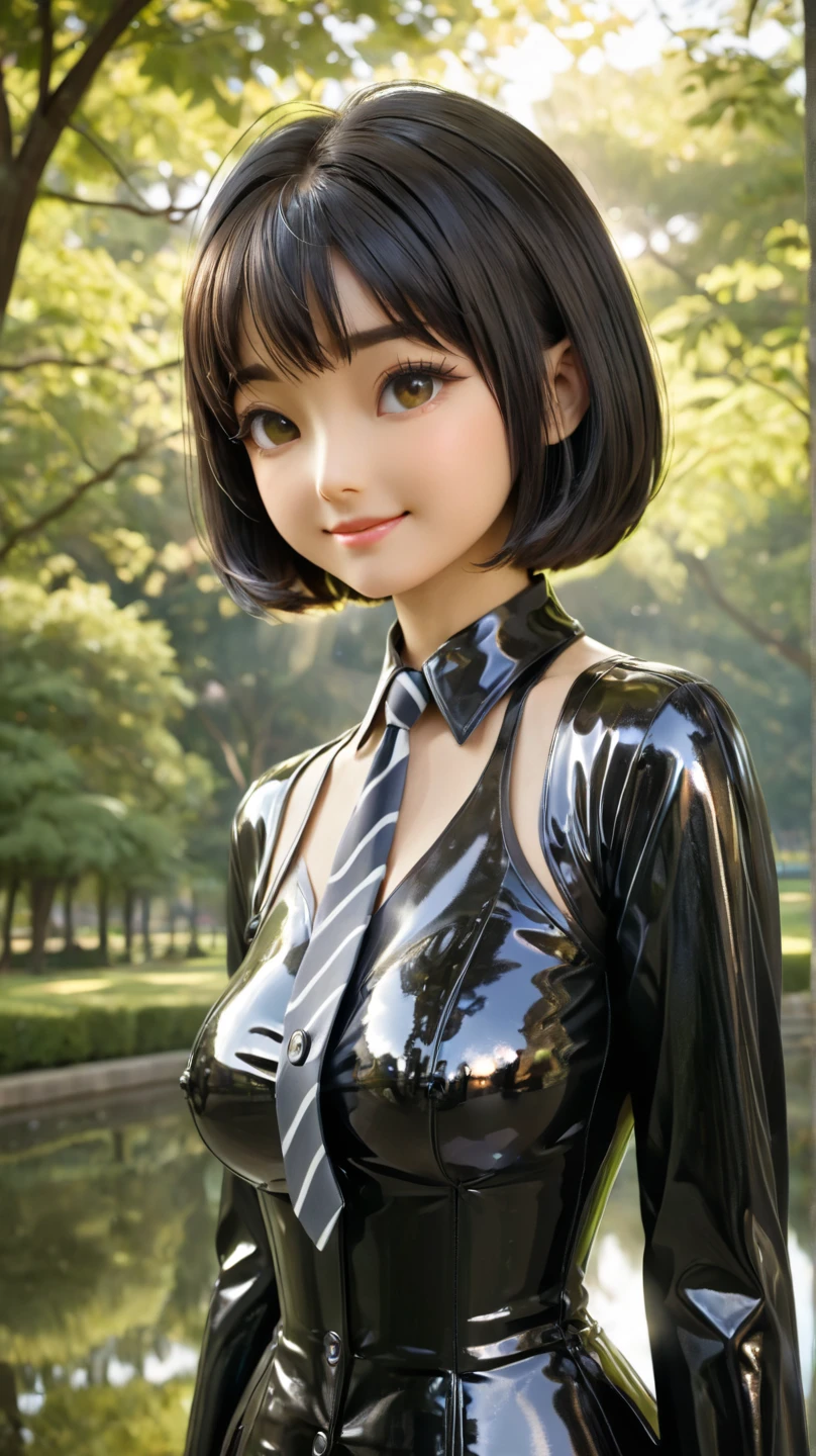 Japanese mother and  daughter buttoned in extremely tight shiny latex blouse, Necktie, Is located in the park, bob cut, smell black hair, Lens reflection,  reflecting light , high resolution ,  Masterpiece , smile, Breasts, Gegenlicht, Glowing light, corset, striped pattern 