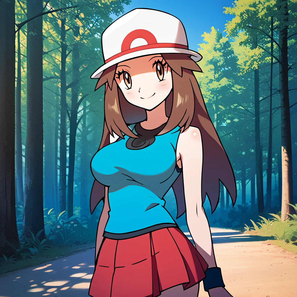 score_9, score_8_up, score_7_up, score_6_up, best quality, source_anime, cel shading, flat color, vector, detailed background, blue background, clouds, trees, forest, BREAK 1girl, solo, leaf_(\pokemon\), brown hair, long hair, brown eyes, white hat, blue sleeveless shirt, red skirt, blue socks,, wristbands, large breasts, cowboy shot, looking at viewer, smile, bedroom eyes, smile, blushing, two heads, conjoined