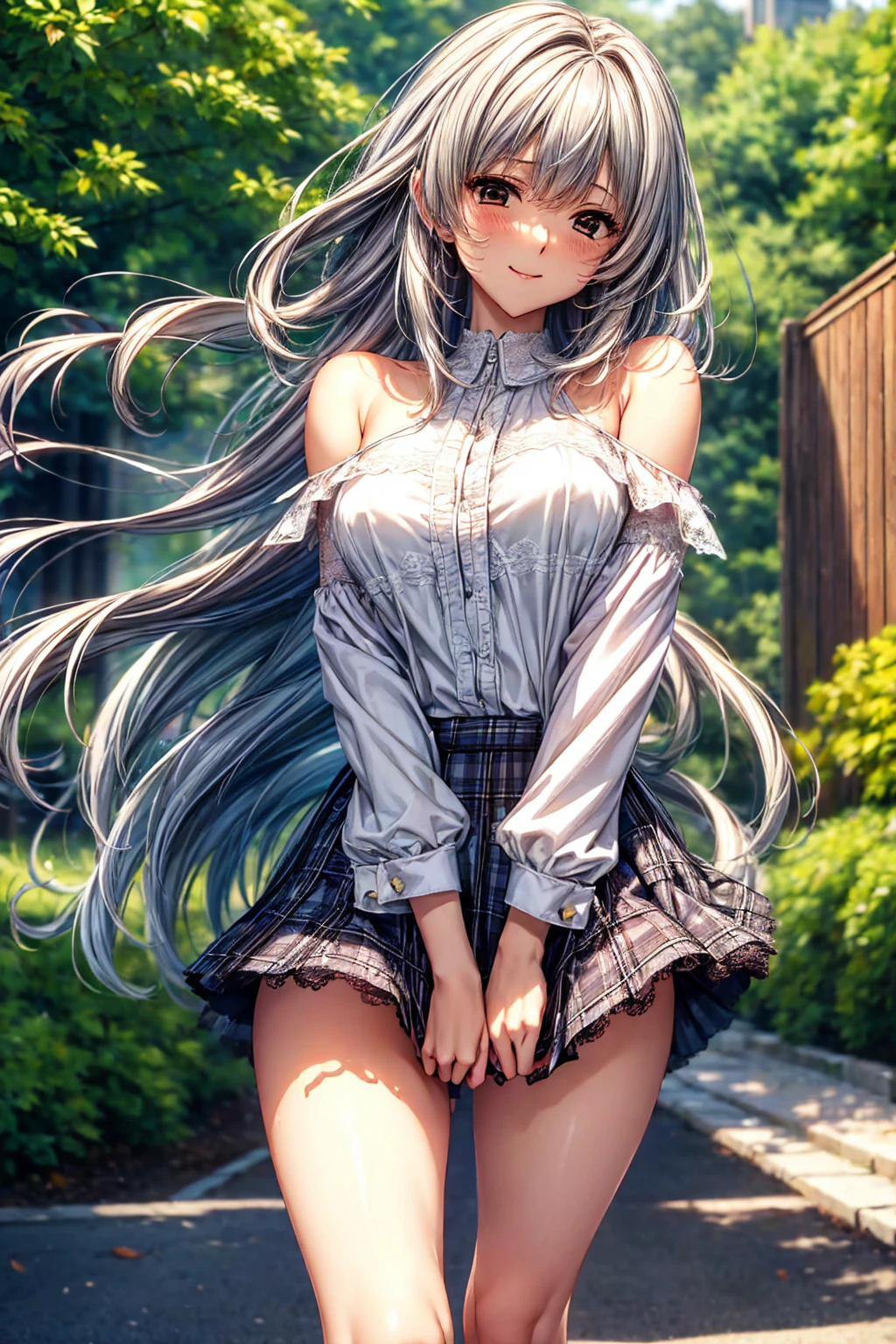 very huge eyes, 1girl, white hair, white hair blowing in wind, long white hair, two pigtails, pink detailed eyes, mini plaid skirt with crop top, outdoors,(masterpiece),((ultra-detailed)), (highly detailed CG illustration), (best quality:1.2),large breast, distinct_image, high_resolution, (lustrous skin), solo focus, (finely detailed beautiful eyes and detailed face),(detailed face), long wavy curly hair, ((smile)),campus view, grass, trees, sunny day looking at viewer, perfect hands, beautiful hands, legs open, evil smile, face close up, (from below angle:1.4), sweaty, lewd face, (5 fingers:1.4), arms behind, showing panties, cleavage, bimbo lips, big lips, blue butterfly hair ornaments, detailed face