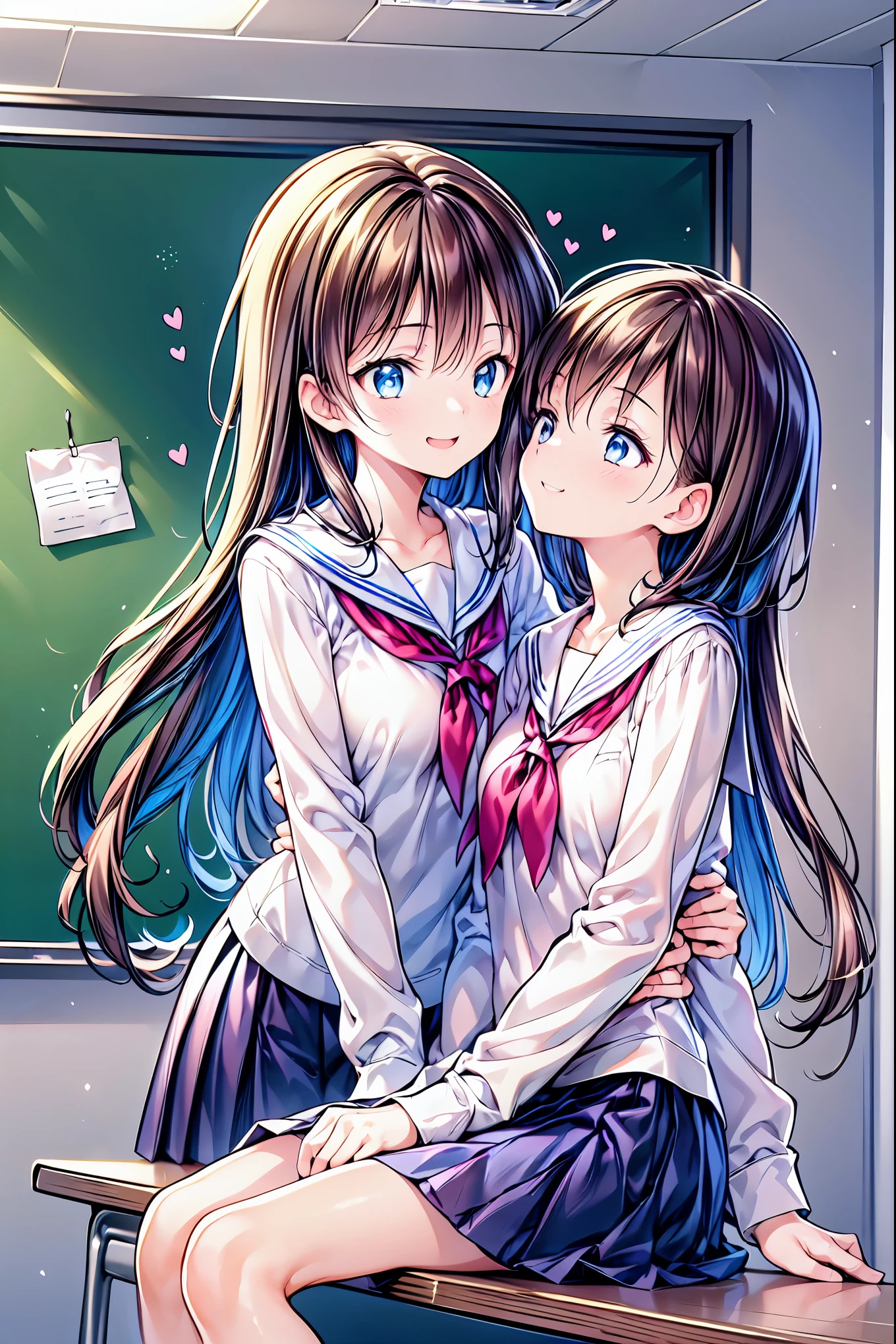 detailed shape,  dynamic angle,   very detailed, shape,  two girls, 18 years old,  high school girl, [ Photos - Realistic ,  long hair,  Light Grey Eyes ], heart,   white shirt,  Light Blue Checked Skirt , , flash, ,   excited ,  School classroom, smile,   lesbian kiss, ,  holding, touch, [ long straight black hair ,  close eyes,  grimace ]， brown hair，  shortcuts， messy hair， short braided hair，Neat， slender beauty ，Correct posture， small breasts， Beautiful Legs，   Her enchanting gray-blue eyes are shining like stars，Droopy eyes， bright color,  beautiful eyes,繊細なsmile, Textured Skin,  top quality ,   A Parody of a Gentle and Beautiful Woman  , anime style､