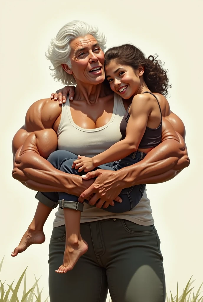 there is a young smiling woman that is standing next to a very skinny bald man, muscular girl, realistic scene, feminine and muscular, strong and tall, intense detail, inspiring, incredibly strong and tall, towering above a small person, posing for a fight intricate, strong woman, muscular sweat lara croft, massive ultraviolent muscular woman