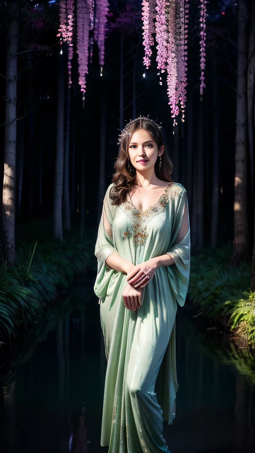 1girls, ,,Simper smile, High-definition image, a woman, her hair adorned with glowing fireflies, eyes shimmering with enchantment. Dressed in a gown made from woven moonlight, she stands in a mystical forest where trees come to life. The scene, bathed in the ethereal glow of the fireflies, captured in the style of a magical forest artwork., (masterpiece, best quality, official art,intricate details:1.2)