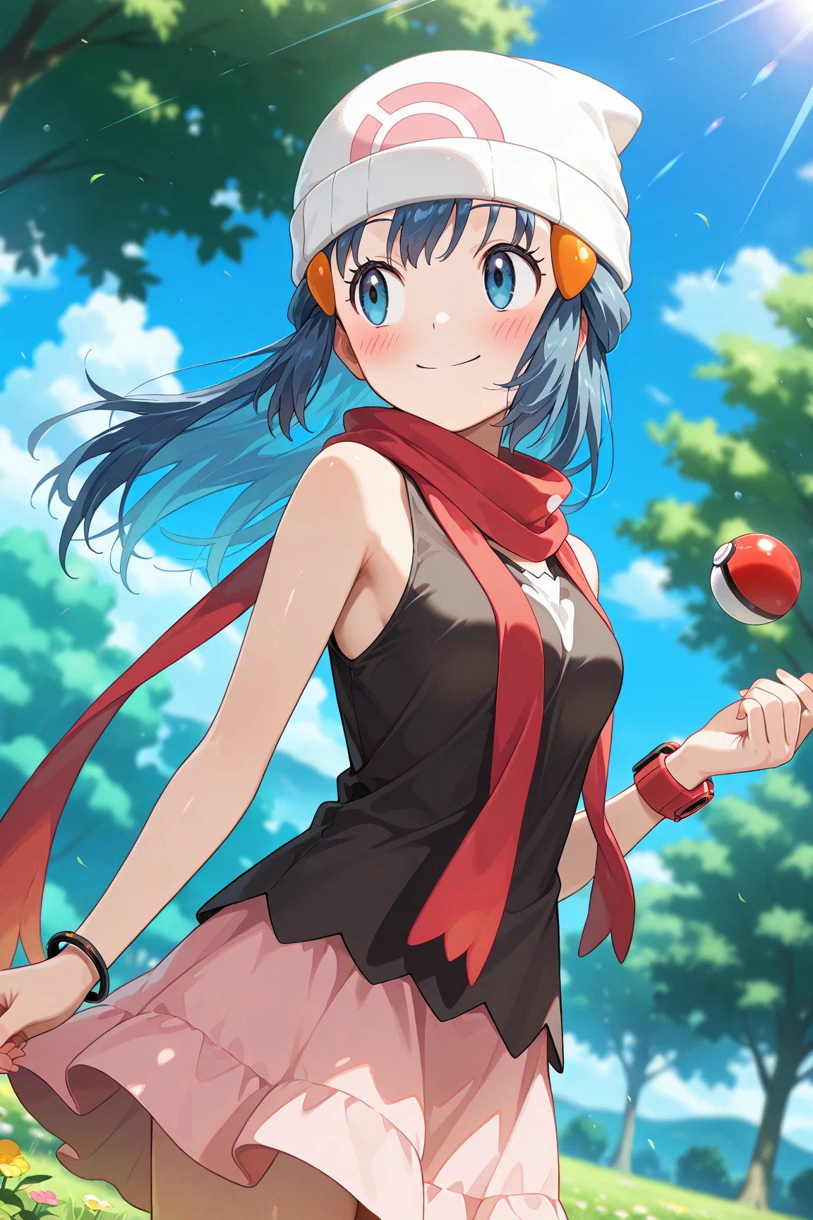 score_9, score_8_up, score_7_up, score_6_up, score_5_up, score_4_up, source_anime, aadawn, long hair, blue hair, beanie, white headwear, hair ornament, blue eyes, breasts, red scarf, sleeveless shirt, black shirt, wristwatch, bracelet, pink skirt, standing, outdoors, filed, flower, tree, holding poke ball, smile,

(realistic skin0.8),
Shiny, skin,

(blush:1.4), smile,
cinematic, dramatic, (blurry background:1.4), depth of field, 
1girl, solo, joyful, smile, dynamic pose, dynamic angle, 
outdoors, nature,
portrait,
(focus on face:1.2),
closed-up shot,
sunny,
blue sky,
cloud,
sunlight,
wind,
looking back,