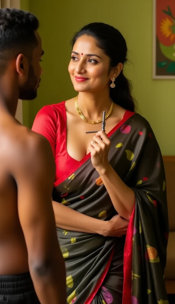 The image is a high-resolution photograph featuring an intimate, indoor scene with two people. The subject is a middle-aged woman, likely of Indian descent, with a medium skin tone, and a well-defined facial structure. She is dressed in traditional Indian attire, wearing a bright red satin  blouse with a plunging neckline that reveals a significant amount of cleavage, showcasing a medium-to-large bust. Her attire, a patterned  black satin saree with vibrant colors such as red,and black, is draped elegantly over her shoulders and partially covering her left breast.

Her hair is neatly pulled back into a low ponytail. She accessorizes with simple gold jewelry, including a gold necklace and matching earrings. Her expression is sexy, looking towards a man  to her left.she holds a dildo in her hand

The African man wearing a black shorts only,The background reveals a domestic interior with green walls, a piece of furniture with a colorful abstract painting hanging on it, and a hint of other household objects, suggesting a warm and lived-in space. The lighting is soft, enhancing the emotional intensity of the moment captured.