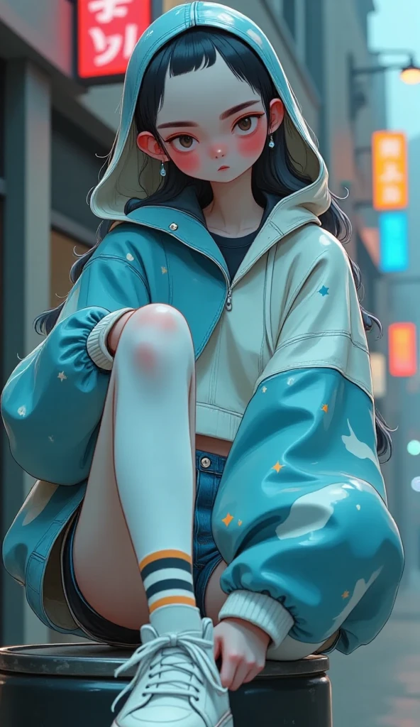  a close up  (backside ) From a  ""man""  with shorts,  an oversized blue hoodie with white rays ,  long white stockings with stripes ,  huge retro urban sneakers  ,  is sitting on a metal barrel , with their hands " stuck in the hoodie bags ",  the camera is under , "He"  look at the camera with her head down  ,  blue-black hair  ,  slanted eyes ,  thicker upper lip  , A photorealistic painting by Ilya Kuvshinov , trendy in cg society, fantastic realism, artgerm e Ilya Kuvshinov, Artgerm and Atey Ghailan, digital art Ilya Kuvshinov , art style : Ilya Kuvshinov, urban style, technicolor, hdr, (8K)