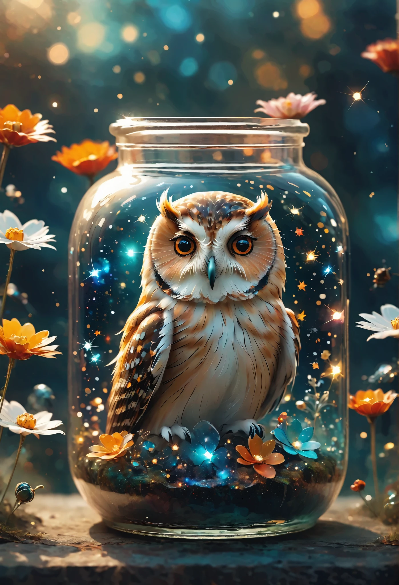 
Create an owl with Close-up of glass jar, Starry sky in a jar, miniature cosmos, Twinkling stars, Colorful Nebula, galaxy, Cosmic dust, Glass reflection, Surface distortion, Background starry sky, Compared, depth, magic, Ethereal Light, Ultra Detailed, Dark background, Paradise beauty, Macro Photography