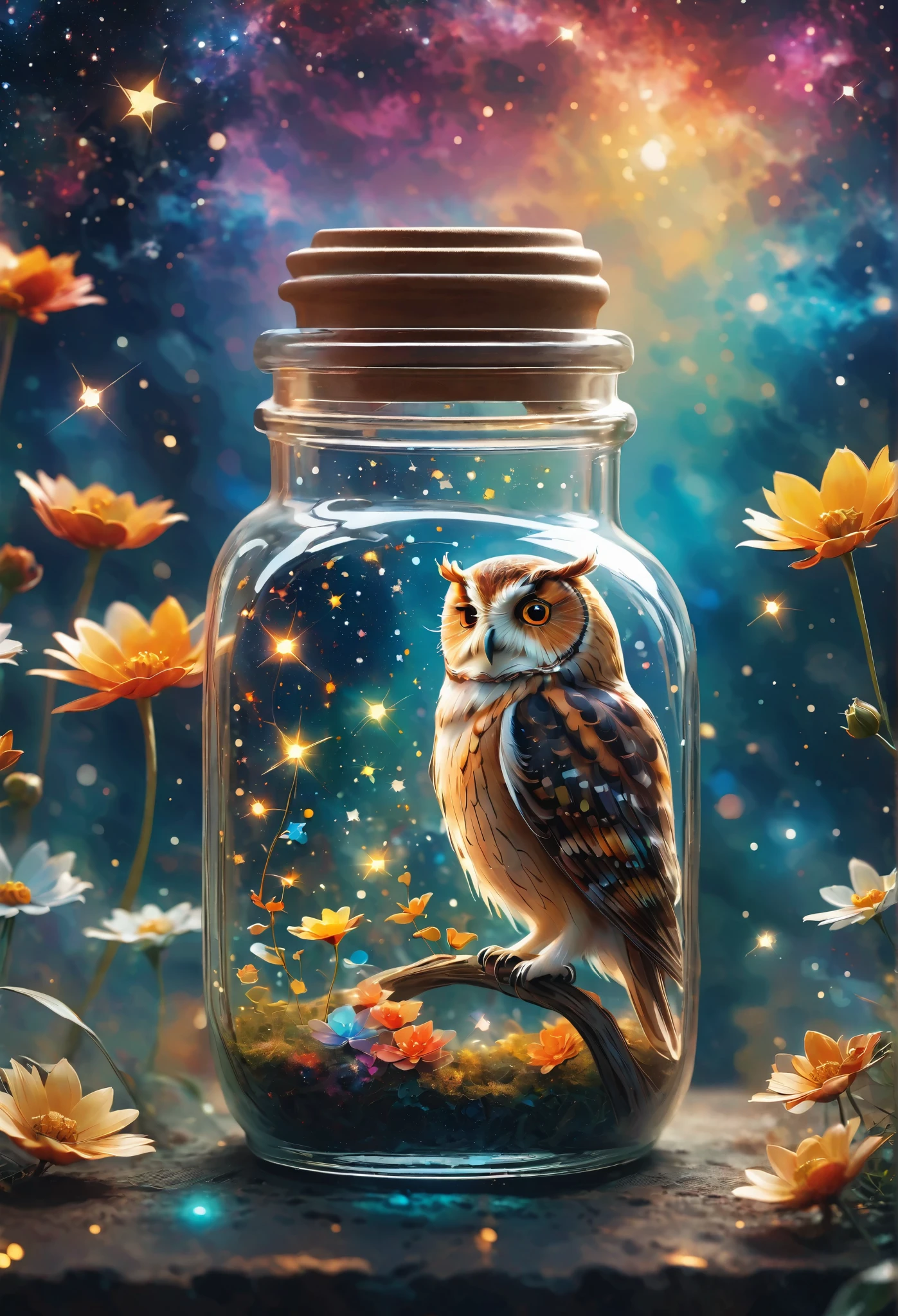 Create an owl with Close-up of glass jar, Starry sky in a jar, miniature cosmos, Twinkling stars, Colorful Nebula, galaxy, Cosmic dust, Glass reflection, Surface distortion, Background starry sky, Compared, depth, magic, Ethereal Light, Ultra Detailed, Dark background, Paradise beauty, Macro Photography