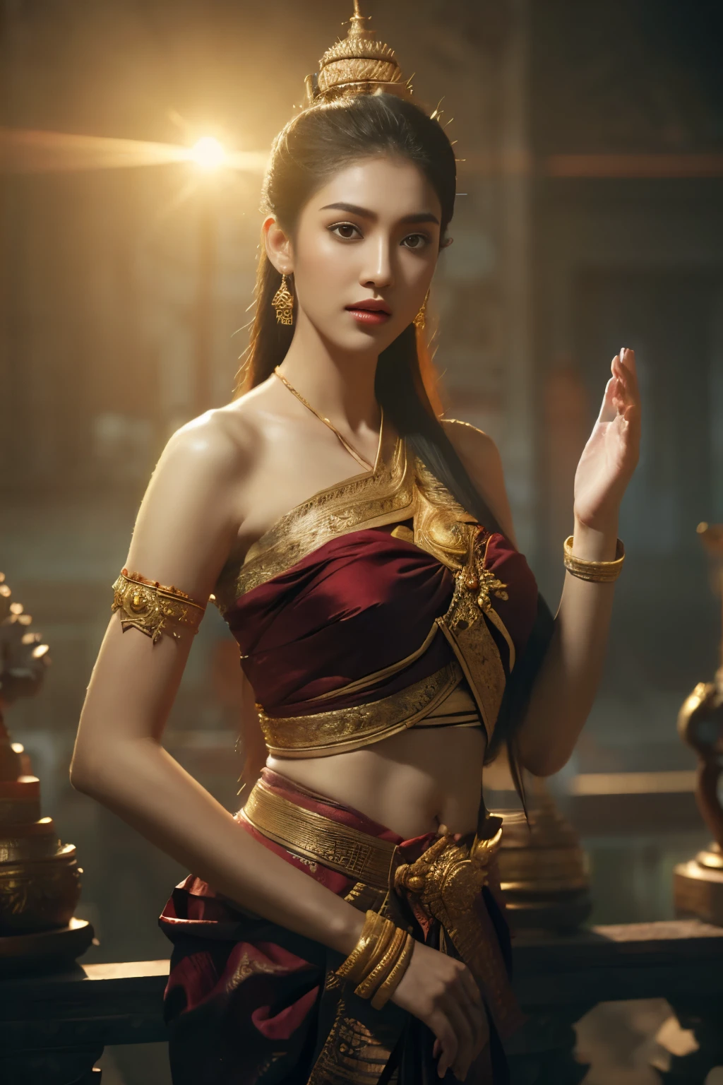 beautiful girl ,Thailand Female Warior, walking at thai temple, dynamic poses, chut thai, Long wave hair,black eyes,abdominal muscles,slim body, rounded breast, cleavage, Morning sunshine, Eyes on the audience, (dynamic poses), ((face details)), Double eyelids, reeds, realistic, masterpiece, highest quality, lens flare, shade, old temple, temple, [[chromatic aberration]], by Jeremy Lipking, by Antonio J. Manzanedo, digital painting, HDR, high contrast
