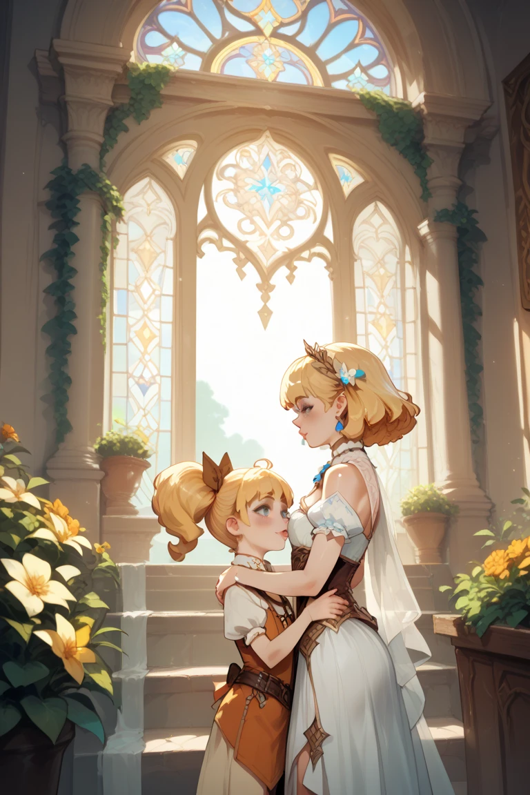 young girl,Short,blonde hair,blue eyes,short hair,Wear a white crown,There is a blue diamond on the crown.,Looking,Red shirt,Yellow skirt,smiling,in the forest,Dress,Holding a golden diamond with both hands