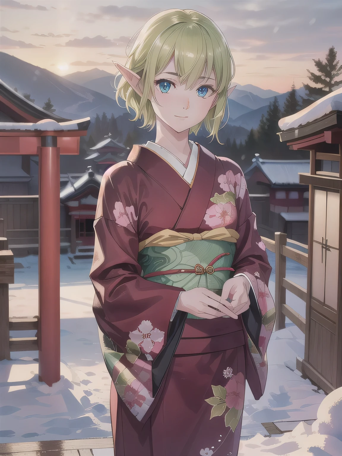 A breathtakingly beautiful 20-year-old woman with a slender physique, dressed in an elegant black and red kimono suitable for the Japanese New Year. She stands against the serene backdrop of a New Year's sunrise, featuring a traditional Japanese shrine, snow-covered grounds, and vibrant red camellias in bloom. Her gentle smile and friendly expression harmonize with the peaceful atmosphere of the snowy morning. (RAW photo, top quality, realistic, photo-realistic:1.4), (masterpiece, extremely detailed, 2k wallpaper), (Ultra Details, high res, soft light, cinematic lighting), (perfect anatomy, slender body), (extremely detailed eyes and face, beautiful nose, beautiful eyes). 　 pointed ears,  blue eyes, green hair,  shorthair 。