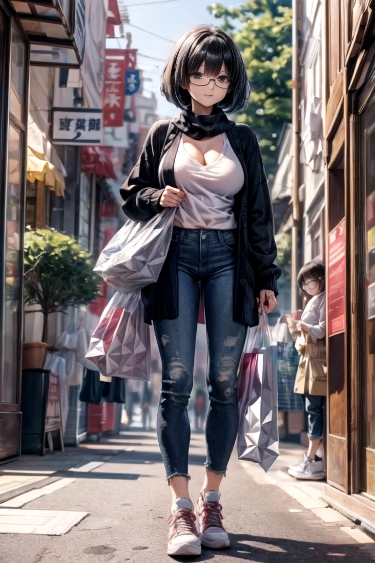 masterpiece, top quality,Ultra HD Explained,Full HD,16k, Super Resolution, Exact Human Body, correct human anatomy ,A fascinating scene, enchanting smile,((Daytime, street,Shopping Street,Outdoors,２individual shopping bags)),((((( is standing:2.0,２individual shopping bagsを持つ))))),  one woman:2.0, scarf that is cold and out of breath,  Audience ,((Black Hair,  short bob  _Cover one eye, darker than your age, beautiful white skin)),( open your eyes,Mouth closed, mature body _ far beyond age :1.5, :1.6, long legs ), ((Abnormally large breasts,Pcup's Pcup , deep cleaves )),(((( black muffler,Glasses, black cardigan, white shirt,Black denim pants, sneakers))),18 years old,   Japanese  ,Colours of the 90s, Bust Shots, active angle, anime celltones ,Bright screen, breasts during cleavage:1.8.