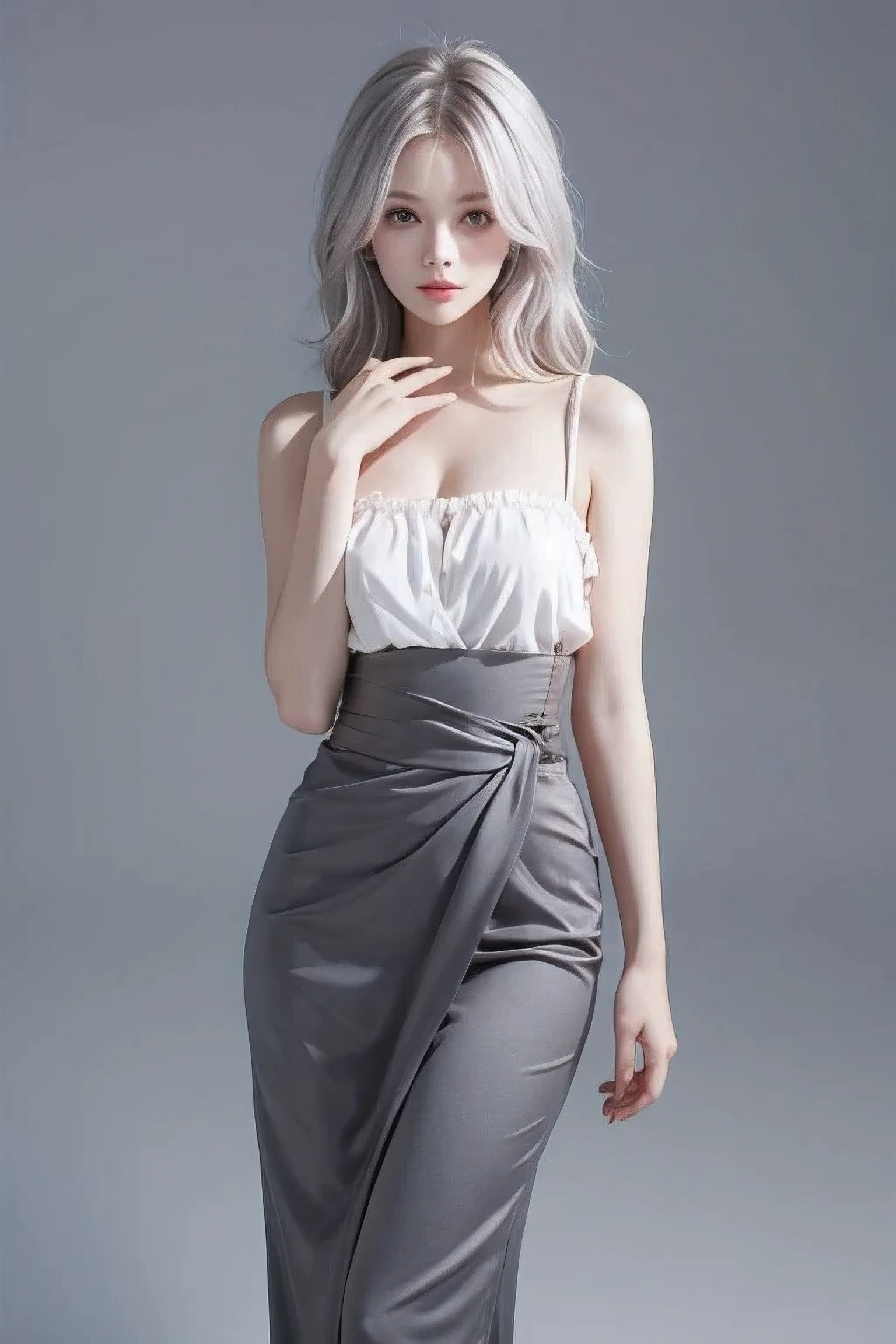  Beautiful girl ,  Silver hair , European woman, plain grey background ,  waist-deep , skirt