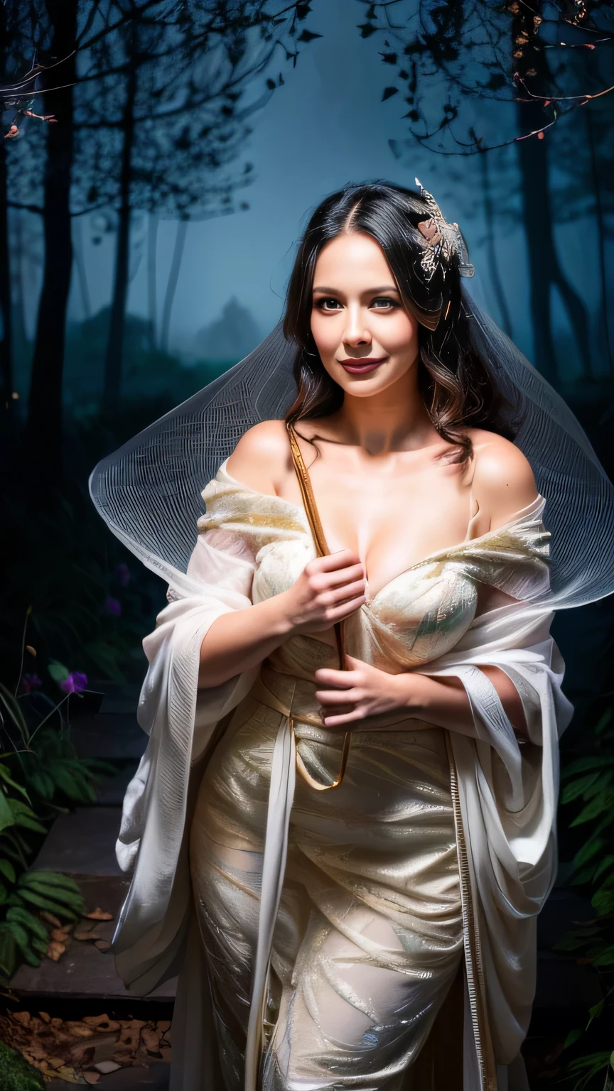 1girls, ,,Simper smile, High-definition image, a woman, her hair adorned with glowing fireflies, eyes shimmering with enchantment. Dressed in a gown made from woven moonlight, she stands in a mystical forest where trees come to life. The scene, bathed in the ethereal glow of the fireflies, captured in the style of a magical forest artwork., (masterpiece, best quality, official art,intricate details:1.2)