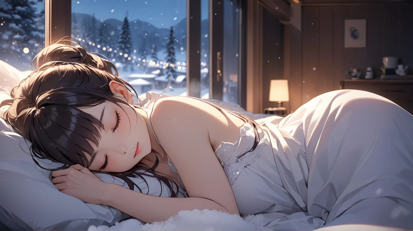 ((Top Quality)), ((Masterpiece)), ((Details), snowy window, snowy night, woman lying in bed, woman sleeping