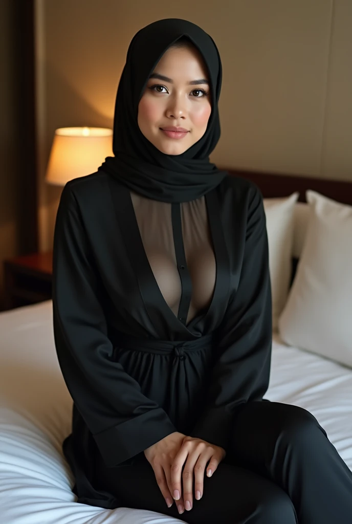 RAW, Best quality, high resolution, masterpiece: 1.3), Beautiful Malay woman in hijab (iu:0.8),looking at viewert,Portrait photography of a beautiful young malay girl in hijab wearing tight long sleeve silk tshirt and short silk skirt with leggings celebrate birthday, big breast,Detailed eyes, spreading legs open on love hotel bed, diffuselighting, depth of fields