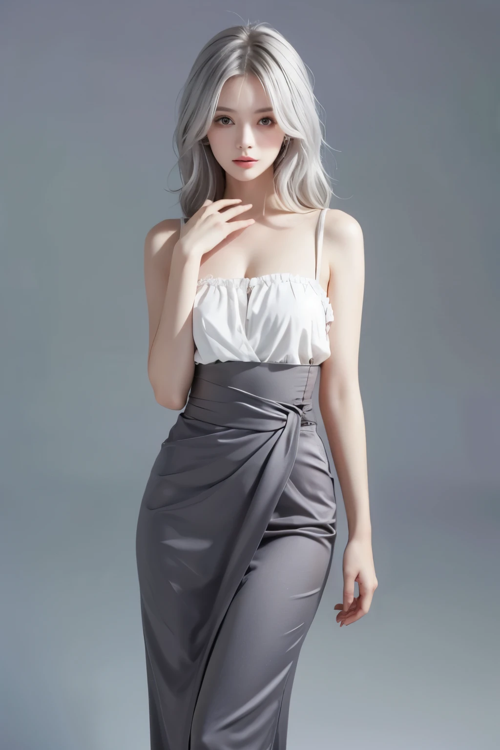  Beautiful girl ,  Silver hair , European woman, plain grey background ,  waist-deep , skirt