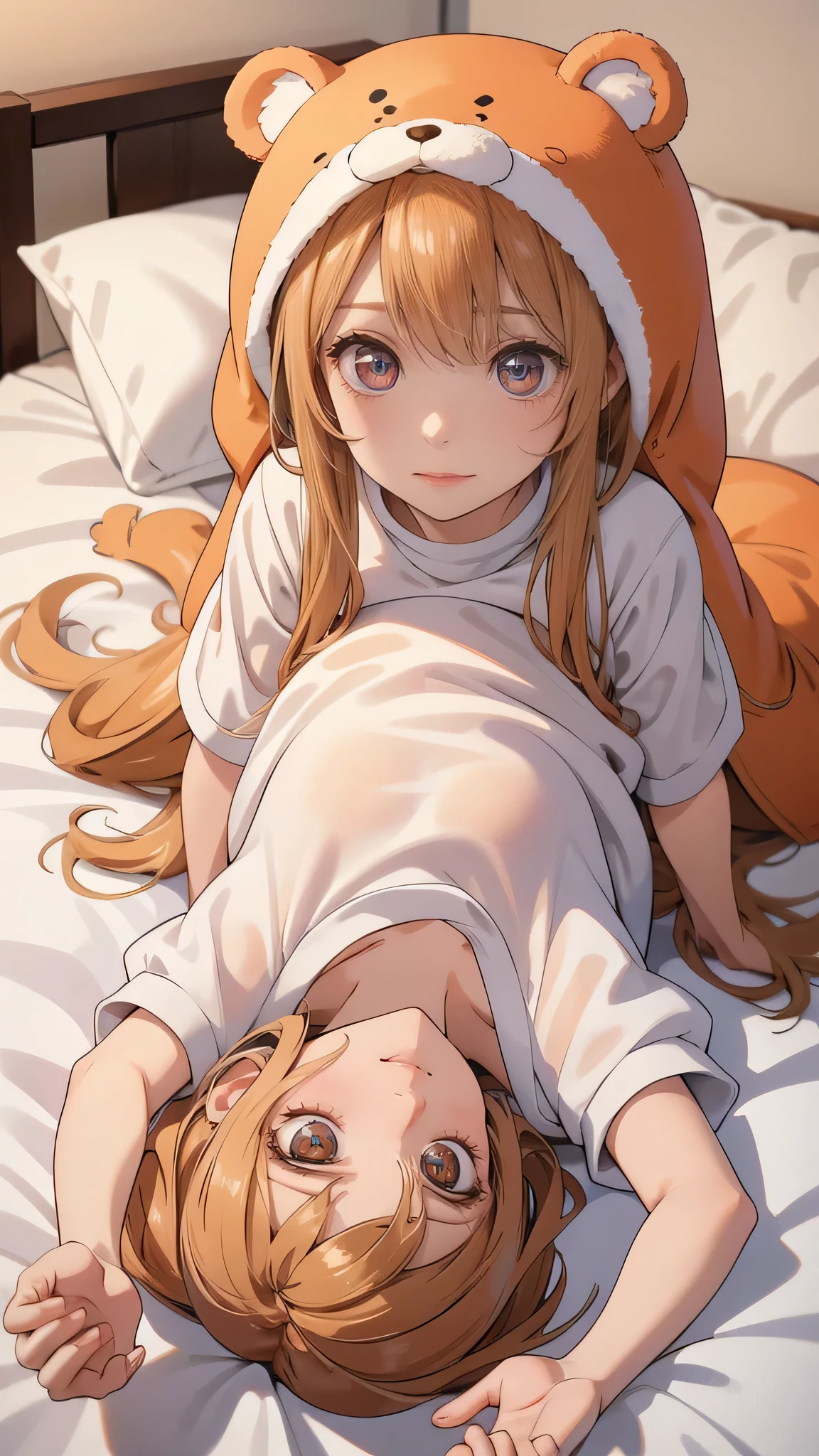 A girl in a hamster costume, lying on a bed with a blanket pulled over her head. she has peach coloured hair and brown eyes