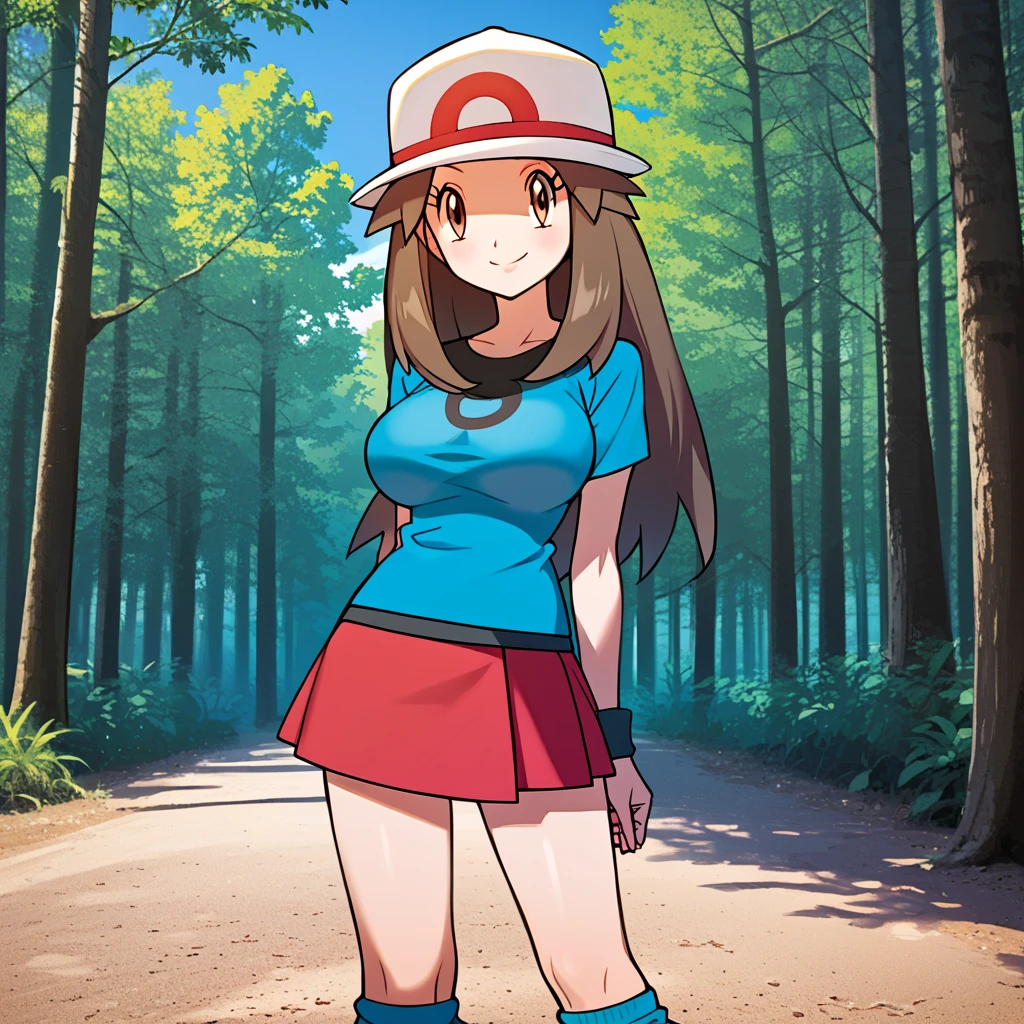 score_9, score_8_up, score_7_up, score_6_up, best quality, source_anime, cel shading, flat color, vector, detailed background, blue background, clouds, trees, forest, BREAK 1girl, two headed, solo, leaf_(\pokemon\), brown hair, long hair, brown eyes, white hat, two heads, blue shirt, red skirt, blue socks, wise shoulders, wristbands, large breasts, looking at viewer, smile, blushing