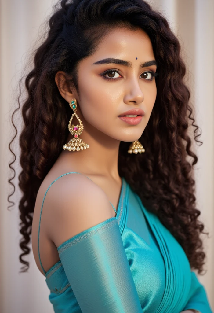 Create a stunning, photorealistic close-up portrait of Anupama Parameswaram, focusing on her upper body and shoulders. Anupama is captured in a pose that exudes refined sensuality, her body language speaking volumes of confidence and allure. Her long, dark, curly hair cascades over her shoulders like a living crown, each curl perfect and full of life. She wears a vibrant teal traditional outfit, its silk fabric shimmering with a subtle sheen that catches the light, suggesting both luxury and grace. The garment, though modest in neckline, is form-fitting, accentuating her curves in a way that is both flattering and alluring. Adorning her ears are large, ornate earrings with intricate designs and possible gemstone inlays, adding a touch of opulence to her ensemble. Her warm and even skin tone radiates natural beauty, complemented by soft, diffused lighting that highlights the textures of her hair and attire. The background is a neutral, softly blurred backdrop that ensures all attention is drawn to Anupama's captivating presence. The overall atmosphere is one of elegance and grace, with a subtle undertone of seductive charm that makes her image both alluring and refined. Pay meticulous attention to detail, ensuring that the skin texture is flawless yet natural, the hair strands are individually discernible, and the fabric of the outfit drapes realistically, capturing the sheen and drape of silk. The final image should be a high-resolution, sharp-focused portrait that looks like it was taken by a professional photographer, with a shallow depth of field that makes Anupama the undisputed focal point. This portrait should celebrate Anupama Parameswaram's beauty, combining elegance, grace, and a hint of seductive allure to create an image that is both captivating and memorable.