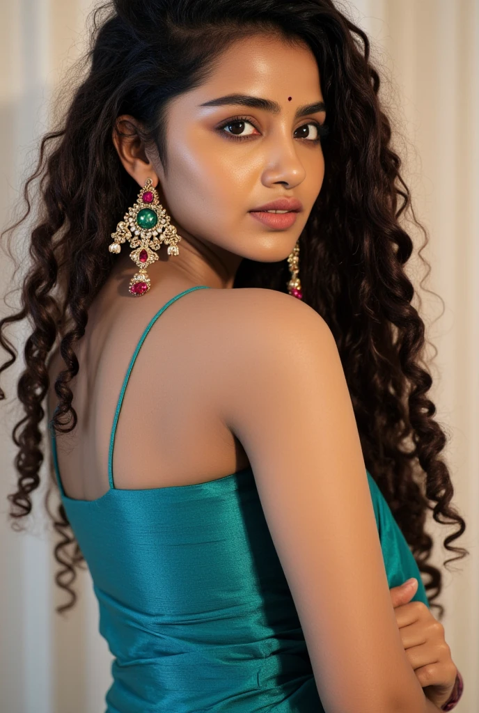 Create a stunning, photorealistic close-up portrait of Anupama Parameswaram, focusing on her upper body and shoulders. Anupama is captured in a pose that exudes refined sensuality, her body language speaking volumes of confidence and allure. Her long, dark, curly hair cascades over her shoulders like a living crown, each curl perfect and full of life. She wears a vibrant teal traditional outfit, its silk fabric shimmering with a subtle sheen that catches the light, suggesting both luxury and grace. The garment, though modest in neckline, is form-fitting, accentuating her curves in a way that is both flattering and alluring. Adorning her ears are large, ornate earrings with intricate designs and possible gemstone inlays, adding a touch of opulence to her ensemble. Her warm and even skin tone radiates natural beauty, complemented by soft, diffused lighting that highlights the textures of her hair and attire. The background is a neutral, softly blurred backdrop that ensures all attention is drawn to Anupama's captivating presence. The overall atmosphere is one of elegance and grace, with a subtle undertone of seductive charm that makes her image both alluring and refined. Pay meticulous attention to detail, ensuring that the skin texture is flawless yet natural, the hair strands are individually discernible, and the fabric of the outfit drapes realistically, capturing the sheen and drape of silk. The final image should be a high-resolution, sharp-focused portrait that looks like it was taken by a professional photographer, with a shallow depth of field that makes Anupama the undisputed focal point. This portrait should celebrate Anupama Parameswaram's beauty, combining elegance, grace, and a hint of seductive allure to create an image that is both captivating and memorable.