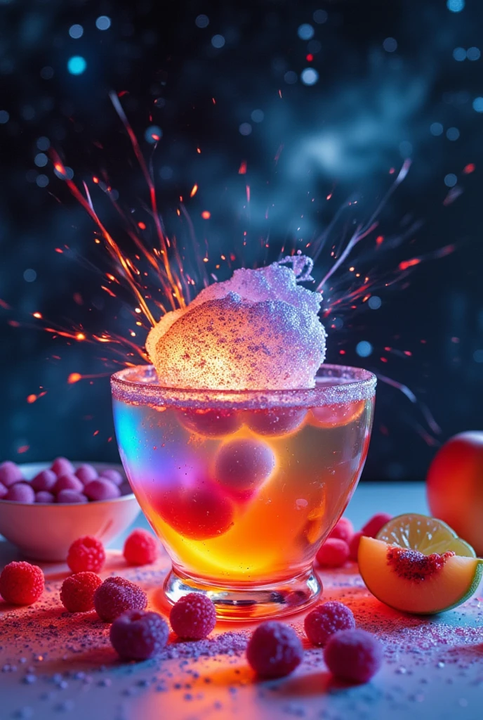 (best quality, 128k,highres,masterpiece:1.2),ultra-detailed,(realistic,photorealistic,photo-realistic:1.37), ((masterpiece)) ((photography)) ((Highest quality))  An explosive cocktail titled "Explosion Cosmique" served in a large bowl-shaped glass.  
The drink mixes spirulina-infused vodka, peach liqueur, raspberry juice, lime foam, and multicolored edible gel spheres.  
As it’s poured, a fizzy reaction creates vibrant swirling colors.  
Ingredients are displayed around the glass: spirulina powder, fresh raspberries, peach slices, lime halves, and a bowl of edible gel spheres.  
The background is a starry galaxy with shimmering constellations.