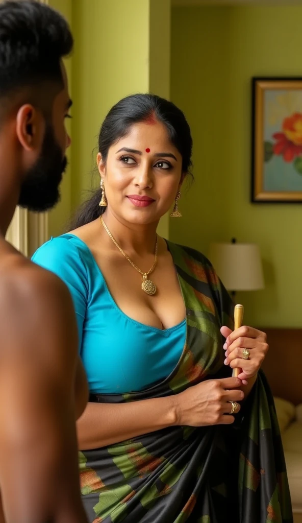 The image is a high-resolution photograph featuring an intimate, indoor scene with two people. The subject is a middle-aged woman, likely of Indian descent, large swooping breasts, with a medium skin tone, and a well-defined facial structure. She is dressed in traditional Indian attire, wearing a bright blue satin  blouse with a plunging neckline that reveals a significant amount of cleavage, showcasing a medium-to-large bust. Her attire, a patterned  black satin saree with vibrant colors such as green,and brown, is draped elegantly over her shoulders and partially covering her left breast.

Her hair is neatly pulled back into a low ponytail. She accessorizes with simple gold jewelry, including a gold necklace and matching earrings. Her expression is sexy, looking towards a man  to her left.she holds a dildo in her hand

The African man wearing a black shorts only,The background reveals a domestic interior with green walls, a piece of furniture with a colorful abstract painting hanging on it, and a hint of other household objects, suggesting a warm and lived-in space. The lighting is soft, enhancing the emotional intensity of the moment captured.