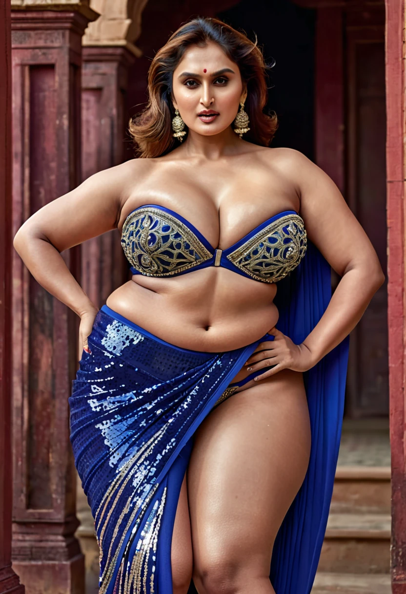 ((Indian 30 year old supermodel )),((dark brown toned skin)),((both eyes blue colour)),((brunette curly long hair)), standing,plum roundish cheeks, having perfect round tits,big wide ass,having hour glass figure,((looking straight to camera)),((Wearing glittering blue lehenga with shawl hanging over the shoulder)),((perfect round boobs)),((silky hair)),((4k quality,realistic high quality)),((nice curvy body)), ((perfect hands)), ((perfect legs)), ((perfect fingers)), ((smooth skin)),((in a plain background photoshoot)),sensual expression