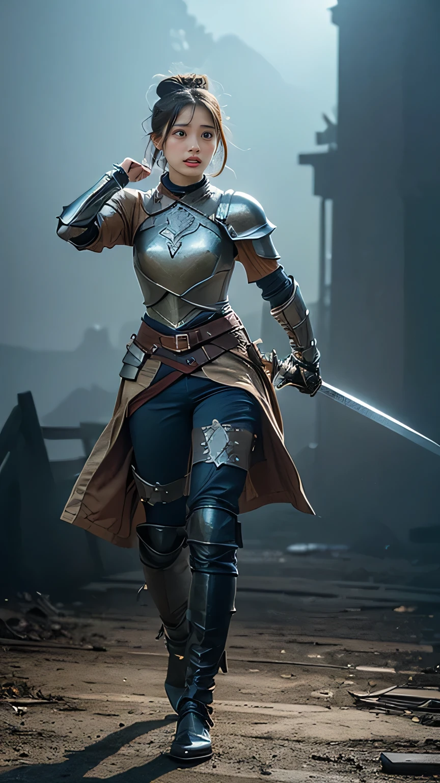 Woman in armor holding a sword and walking in a dark alley - SeaArt AI