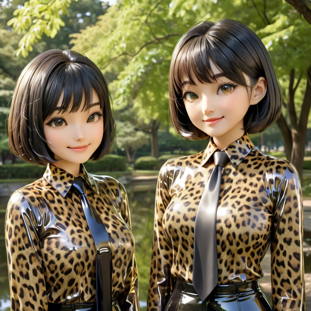 Japanese 3 girls buttoned in extremely tight shiny latex blouse, Necktie, Is located in the park, bob cut, smell black hair, Lens reflection,  reflecting light , high resolution ,  Masterpiece , smile, Gegenlicht, Glowing light,  Leopard print 