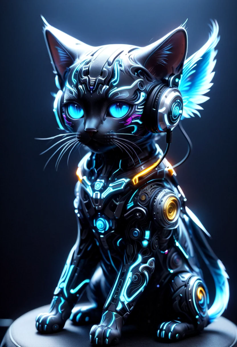 super masterpiece, ((super high quality)), (((Very detailed))), cute cat Cyborg, kitten, ((Anatomically correct)), robot, Mechanization, Mechanical Blue Funnel, ((Anatomically correct)), Mechanical Wings, up, front, Rainbow colored parts, (delicate), (Black light style eyes), universe, (Dark), big headphone, Future, cute, Cyberpunk, the downtown, 