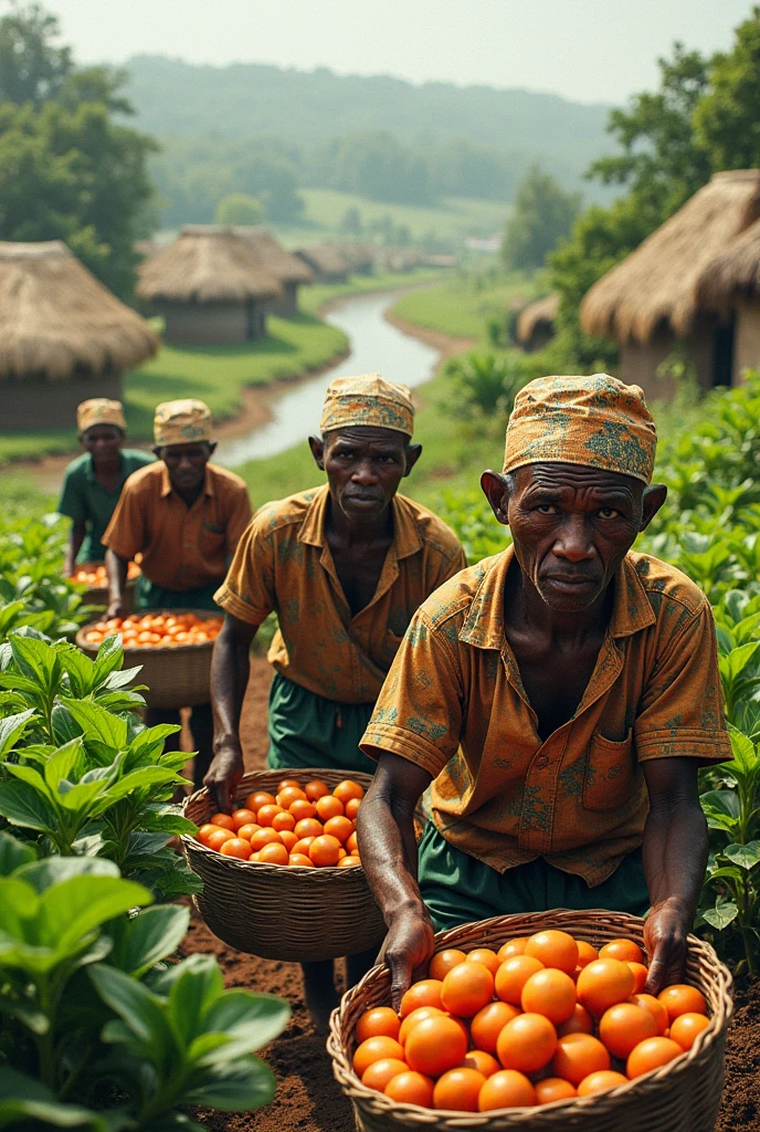 Papua new guinean men harvesting oiil palm and push them out to the road through wheelbarrows
