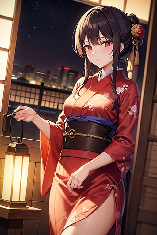 An illustration of a single courtesan in a traditional Edo-period brothel district. The scene takes place at night, with red lanterns swaying and wooden buildings neatly lined up in the background. In front of a lattice window, a courtesan stands gracefully, wearing an elaborate furisode kimono with a deep crimson base and gold embroidery of peonies and cherry blossoms. The long sleeves of the kimono fall elegantly, while her hair is styled in an intricate Japanese updo, adorned with combs and hairpins that gleam in the light. Soft lantern light glows faintly in the background, casting a quiet yet glamorous atmosphere. The courtesan's expression is alluring, and her presence is the focal point of the scene, highlighting the elegance and beauty of the brothel district.
