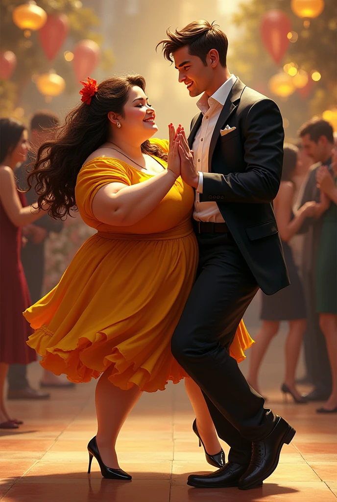 Man dancing with an obese lady in a cafe alone