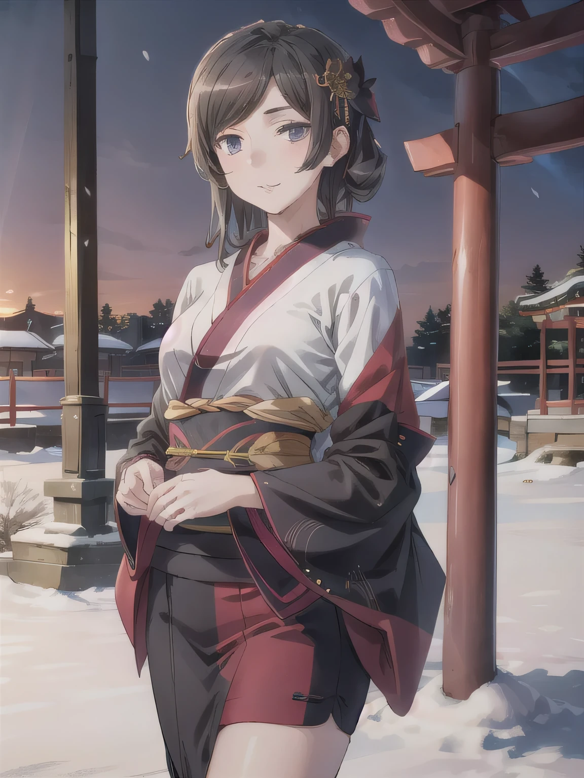 A breathtakingly beautiful 20-year-old woman with a slender physique, dressed in an elegant black and red kimono suitable for the Japanese New Year. She stands against the serene backdrop of a New Year's sunrise, featuring a traditional Japanese shrine, snow-covered grounds, and vibrant red camellias in bloom. Her gentle smile and friendly expression harmonize with the peaceful atmosphere of the snowy morning. (RAW photo, top quality, realistic, photo-realistic:1.4), (masterpiece, extremely detailed, 2k wallpaper), (Ultra Details, high res, soft light, cinematic lighting), (perfect anatomy, slender body), (extremely detailed eyes and face, beautiful nose, beautiful eyes). 　 長い髪, 紫の目, アニメ塗り絵, グレーヘア。