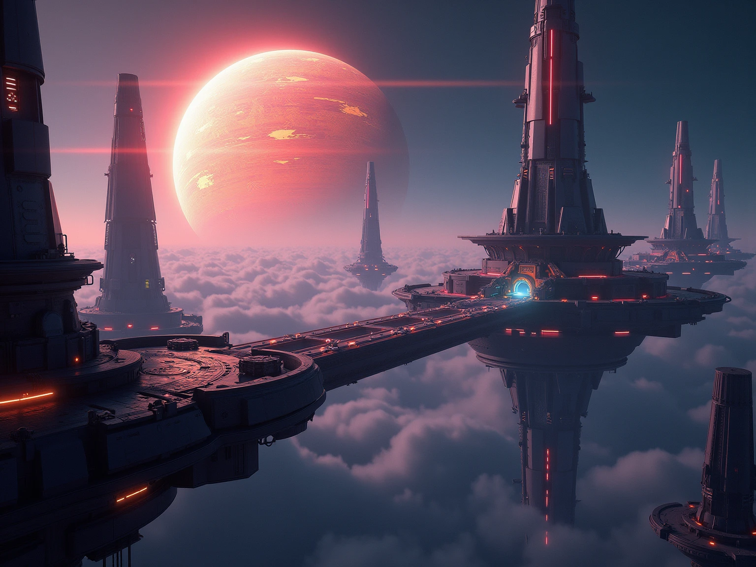 8K, ultra detailed, space colony, glowing planet, full color, masterpiece