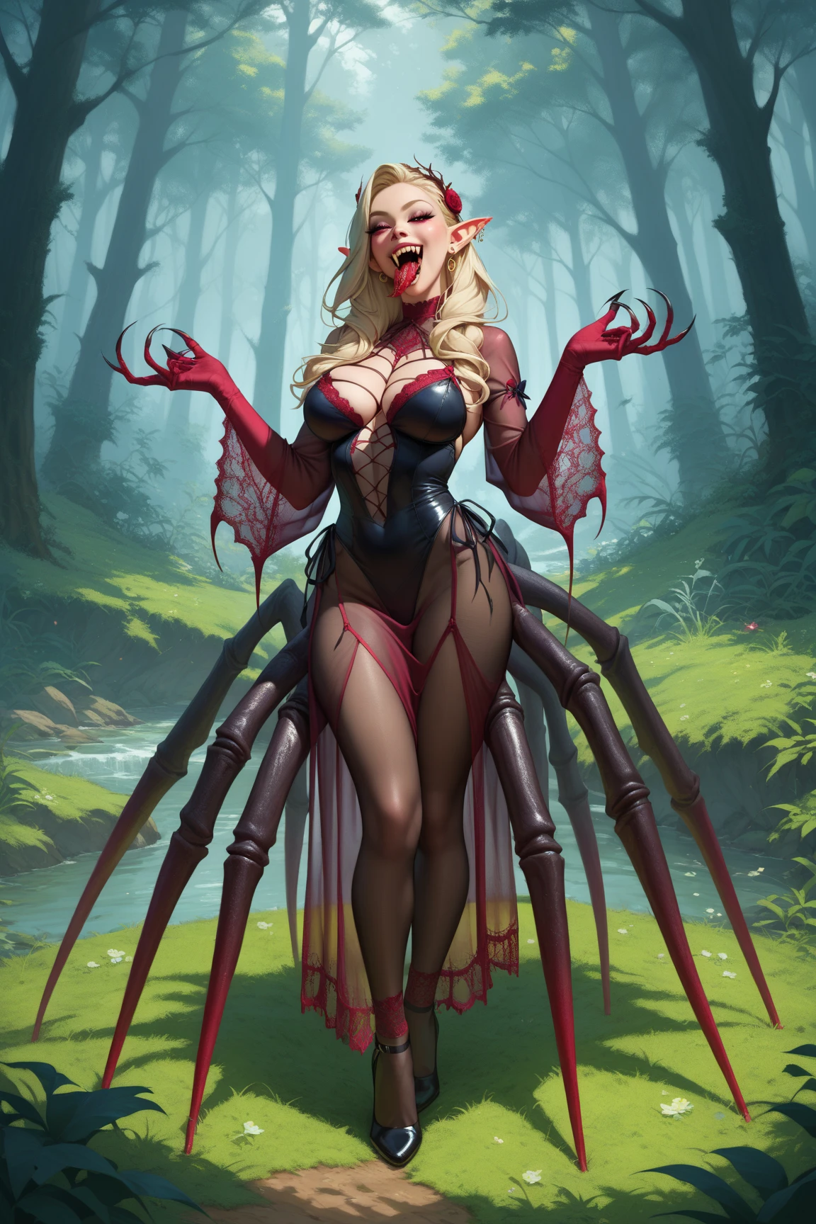 horns tribal ({spider_silk|fur}, silk, fur) ({(arachna:1.65)|human_female|(goblin:1.25)}:1.25) girl, 1girl, perfect and well designed glowing shiny eyes, (beautiful detailed eyes:1.05), natural breasts, slim body, beautiful and delicate cute face, (face detail), ((realistic face)), pores, ((pale blue skin)), detailed skin, realistic skin, (((bioluminescence))), ((shiny skin)), ((glowing speckles on skin)), (pointy ears), (fangs:1.5), (multicolored gradation skin), (fur body:1.8), (muscular, fit:1.3), human face, ((monster girl)), medium length hair, hair voluminous, (((((multicolored gradation hair))))), super high resolution, 8k, parameters Best quality, (masterpiece:1.4), (magic accessories:1.4), bracelets, extremely detailed thick tight ({nylon|lycra}, {latex|vynil}:1.5) colorful (red, black, yellow:1.6) ornate (clothing, (kimono:1.2), (chinese cloth:1.3)), (standing nipples under cloth:1.2), (cameltoe:1.5), (ornaments on clothing:1.6), (neckline:1.3), (cleavage), decolette, navel, Young Girl, Little Beast, (Smile:0.7), (pale Skin:1.95), ((tattoos all over body, Tribal tattoos all over legs)), ultra detailed, photorealistic, ((Real image)), (best quality:1.4), super high resolution, (Realistic 2.0), More details, (((1girl))), (beautiful and aesthetic:1.2), (fractal art:1.4), (cinematic light:1.1), DUTCH ANGLE, 16K, HDR, RTX, Ray Tracing, Radiosity, Anisotropic Filtering, Subsurface Scattering, (((magic lights))), metallic reflections, Detailed, Realistic, 4k highly detailed digital art, (cool_color), extremely detailed CG unity 8k wallpaper, vibrant colors