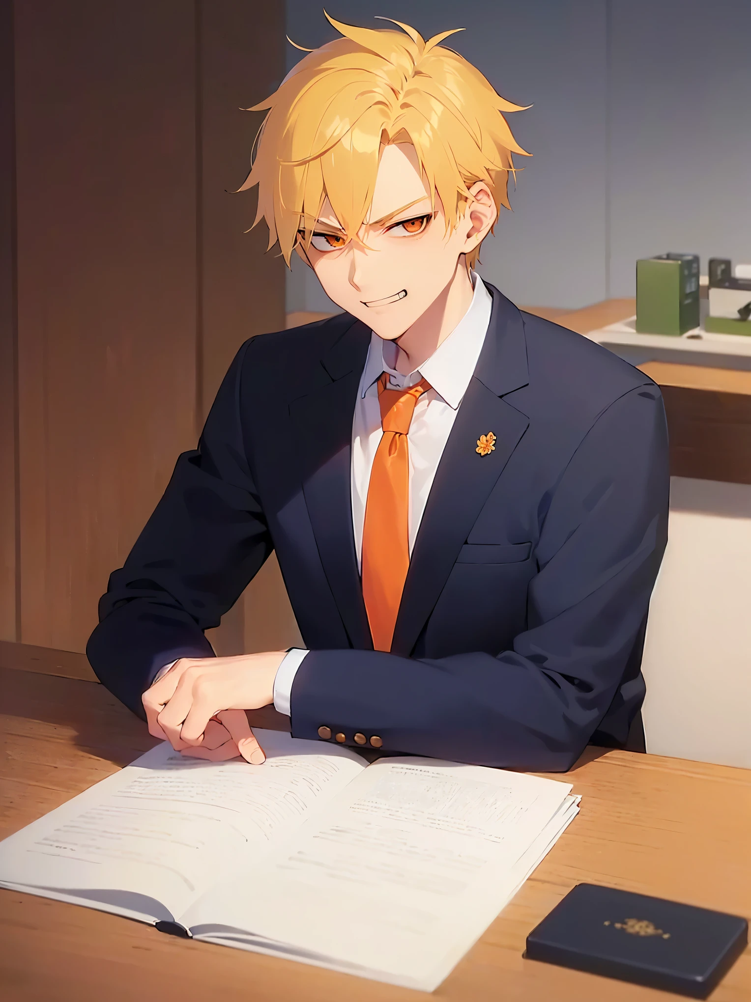 masterpiece, best quality, Japanese manga style, upper body, (25 year old male: 1.5) and (short blonde hair) and (orange eyes), (suit:1.5) and (blue tie), (smug:1.5), The background is the office room, computer, alone, sitting,
