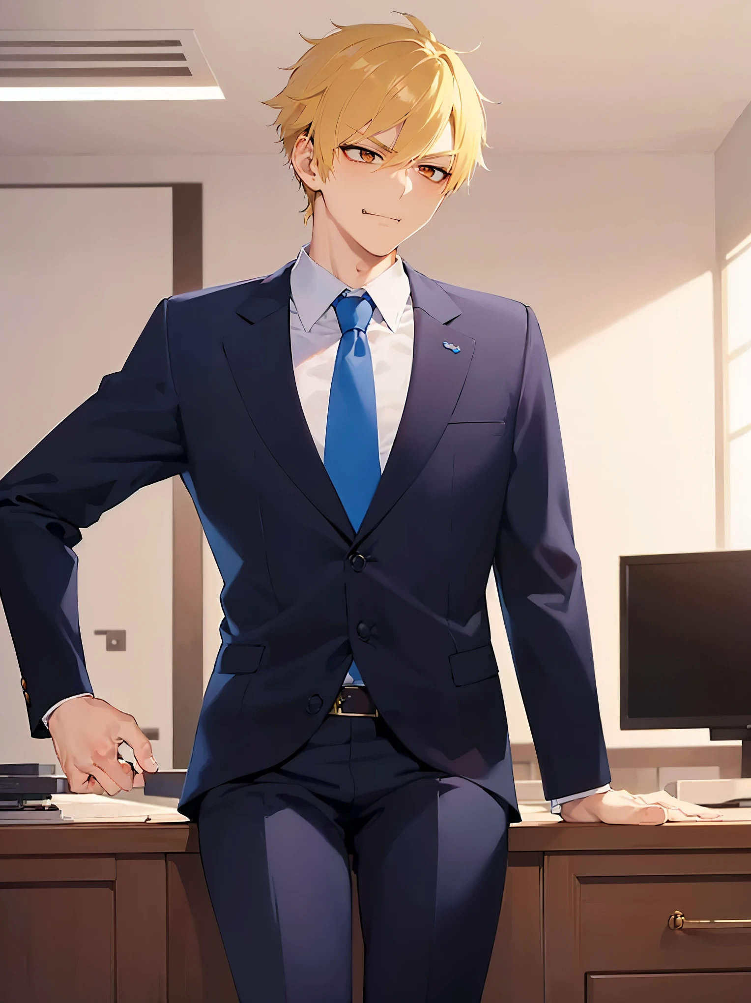 masterpiece, best quality, Japanese manga style,
upper body, (looking away:1.5), side angle,
(25 year old male: 1.5) and (short blonde hair) and (orange eyes),
(suit:1.5) and (blue tie),
(smug:1.5),
The background is the office room,
computer,
alone, sitting,