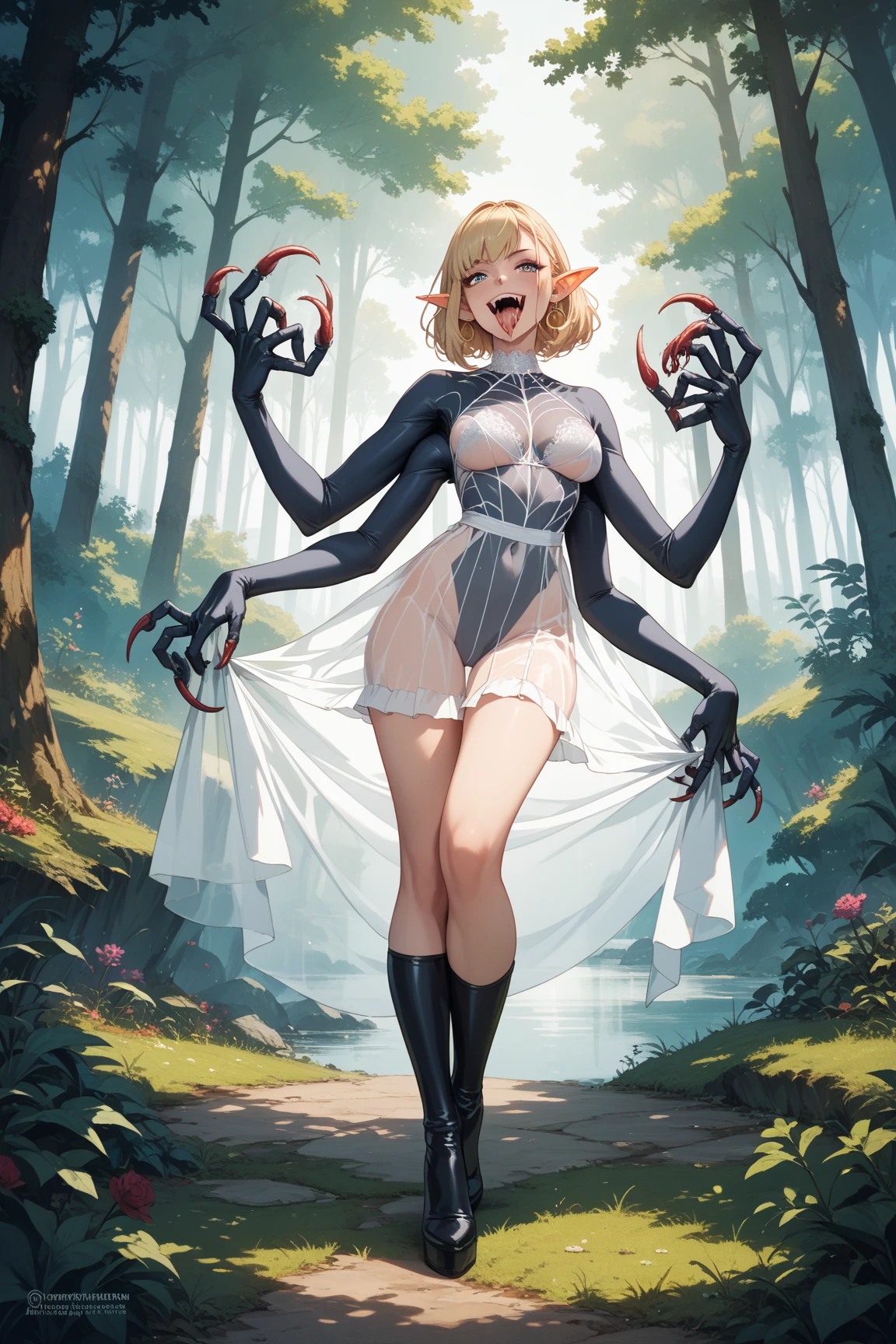 symbiote, Girl, elf, nezuko, swimsuit, scared, panicked, open mouth, ((best quality:1.3)), church, (beautiful legs: 1.2),