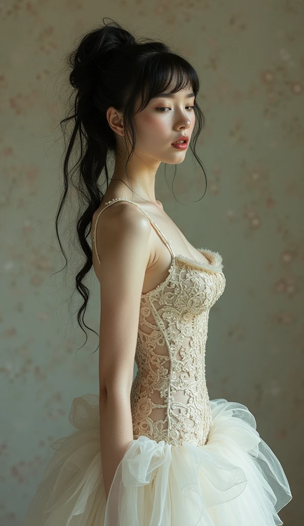 ethereal cyber-semi-Gothic stunning photorealistic tenderness female body ,hypermaximalism, photo realistic haunting dramatic motion pose, ,Tender Memories. Tender feelings, Thrilling movie dramatic angle shot, Thrilling pose, Evoking tender pose, thrilling. hypermaximalist skin texture,