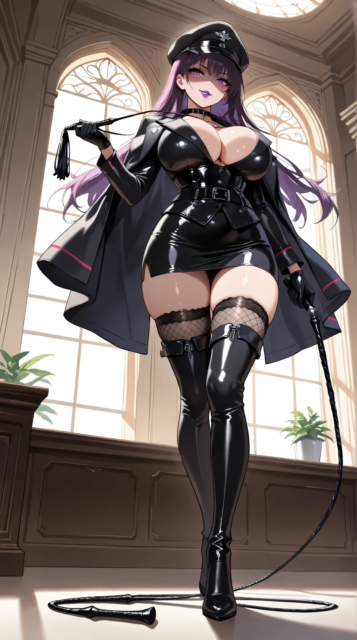 Young Beautiful Woman,(masterpiece, top quality, very detailed depiction, Incredibly Absurd High Definition ,Curvaceous Body,Beautiful legs,High quality skin),(Female executive of an evil organization:1.3),( Shiny Black Bondage Corset with Intricate Structures:1.3,Black Latex Tight Skirt :1.3, body net stockings,military hat,Military cloak,Black leather belt, Long Gloves, leather choker, black tights, leather thigh-high boots),(Purple Eyes, big breasts, bewitching smile ,Shiny purple lips,Shadowed face,Seductive gestures, holding a whip in her hand :1.2), full body image , from below,background:Secret Base
