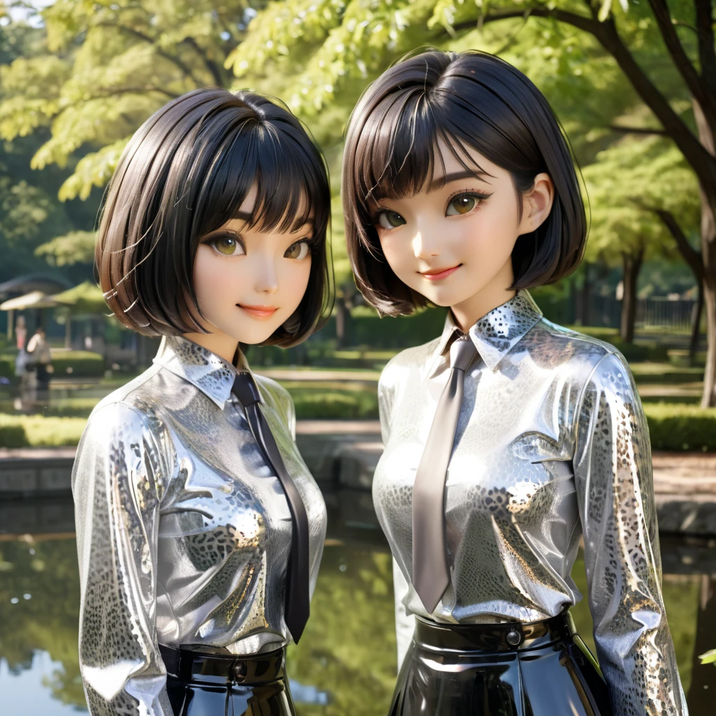 Japanese 3 girls buttoned in extremely tight shiny silver latex blouse, Necktie, Is located in the park, bob cut, smell black hair, Lens reflection,  reflecting light , high resolution ,  Masterpiece , smile, Gegenlicht, Glowing light,  Leopard print 