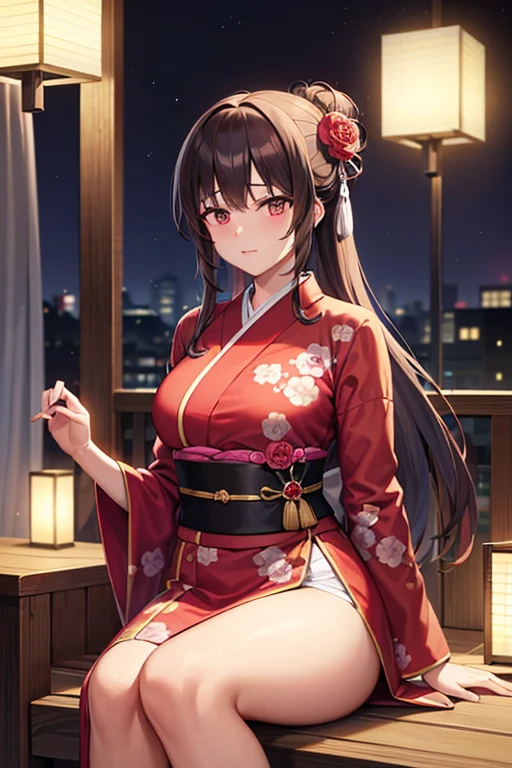Photographed at a night festival,Show the whole body,Show your whole body,One Woman,Yor Forger,Yorubriarata, bangs, (Red eyes:1.5), Black Hair,Medium Hair,Let the hair hang down on the sides, Big Breasts,Cleavage,Cleavageを見せる,yukata,花柄のyukata,Show the whole body