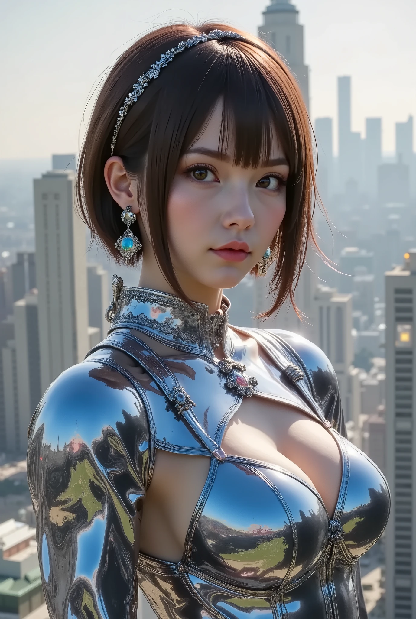 Highly Detailed Cyborg, Arms folded in front of the destroyed city,  bionic body with futuristic details. ( Extremely elaborate cyborgs with their arms crossed in front of a destroyed city, Bionic body with futuristic details.)