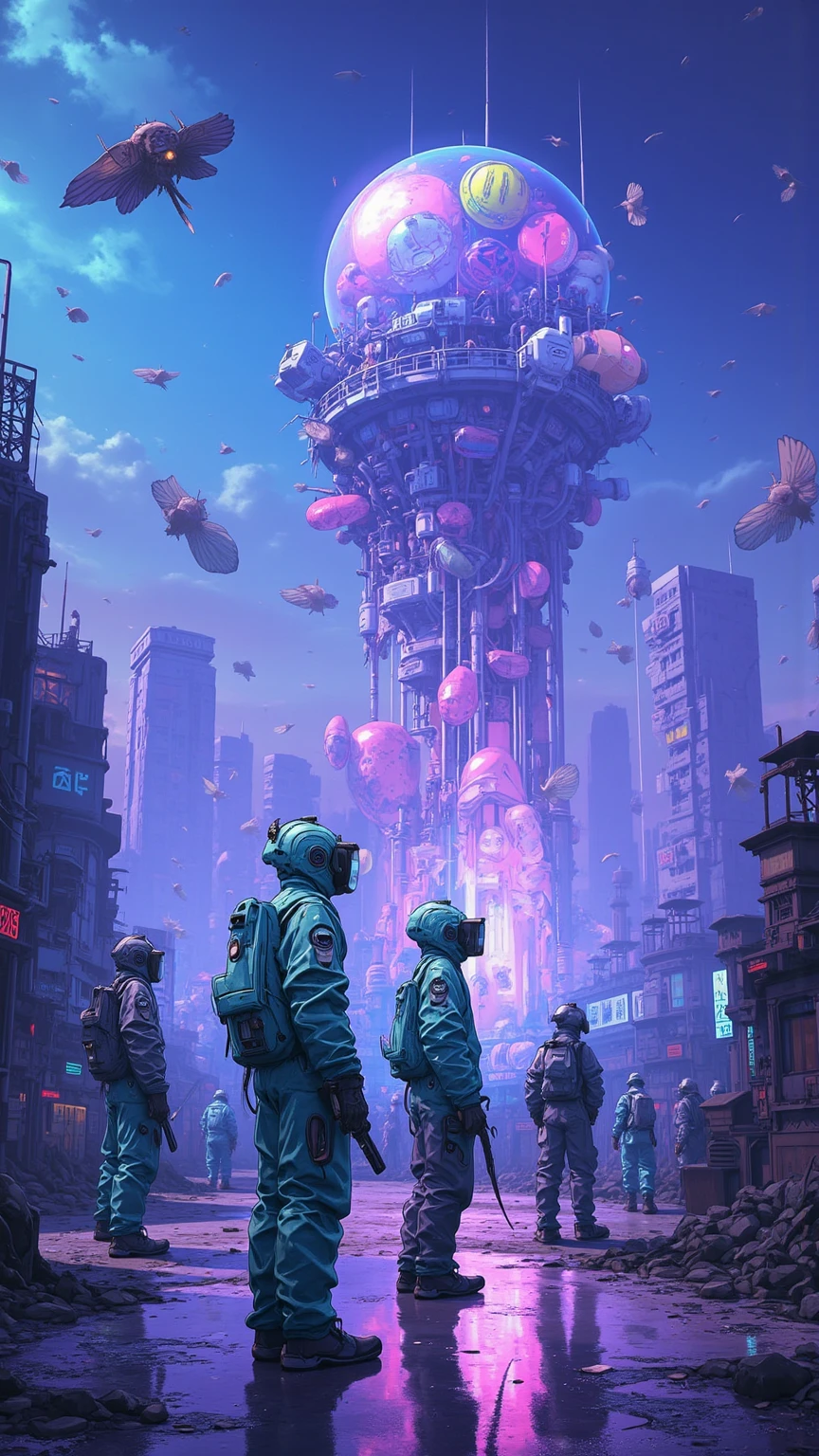  Madmen in clothes that look like protective suits are fishing in front of a space colony that looks like a waste disposal, Ultra Realistic Composition  ,    surreal style   ,   neo-surrealism with blue and purple hues      .       digital art    , surrealistic       digital art    work,    Surreal Scene   ,     Made with Surreal Photographs   , surreal 3 d render,    Surrealist Conceptual Art     ,    Dreamy Art   ,     Made with Surreal Photographs   graphy,    surrealist photography   ,   items floating in the air   、lots of items ,  ultra high definition ,    very detailed, vapor,junk,  wide angle shot sleeping with boy in bed ,  bizarre 80s style synthwave   , Synthwave City,  Synthwave Style  ,  Miami Synthwave  ,   2009 SF8K Film Synthwave Art Style,  cyberpunk vibe  ,   Spectacular Retrowave Art , post-apocalyptic , The Last Cowboy in His Life 