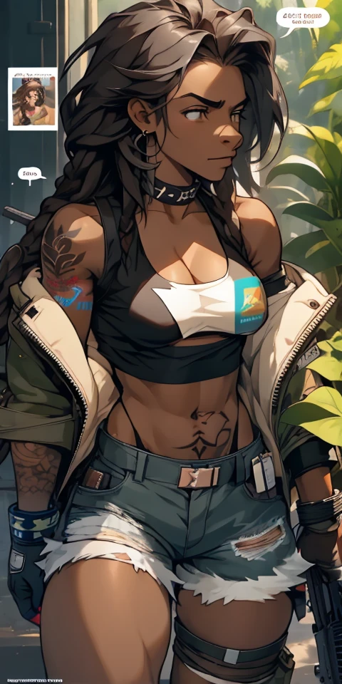 dark skin middle aged small boobs drugged Jamaican , tired and moody, on drugs, messy black dreads, tattoos, in handcuffs, wearing graphic design jacket, ripped shorts, gloves , tank top, breasts spillage, holding gun